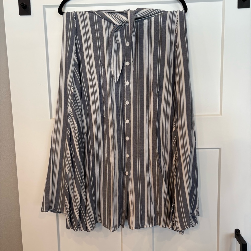 The Room Navy and White Striped A-Line Button Skirt
